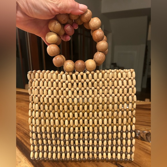 Beaded Wood Top-Handle Tote Bag in Natural - Picture 4 of 5